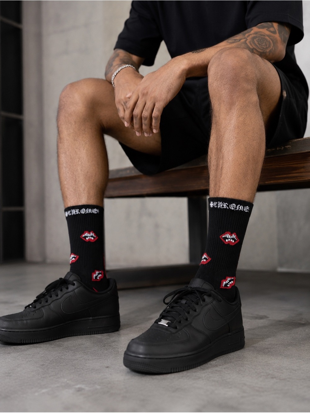 Chrome Hearts Chomper Black Graphic Crew Socks with Red & White Lip Motif
